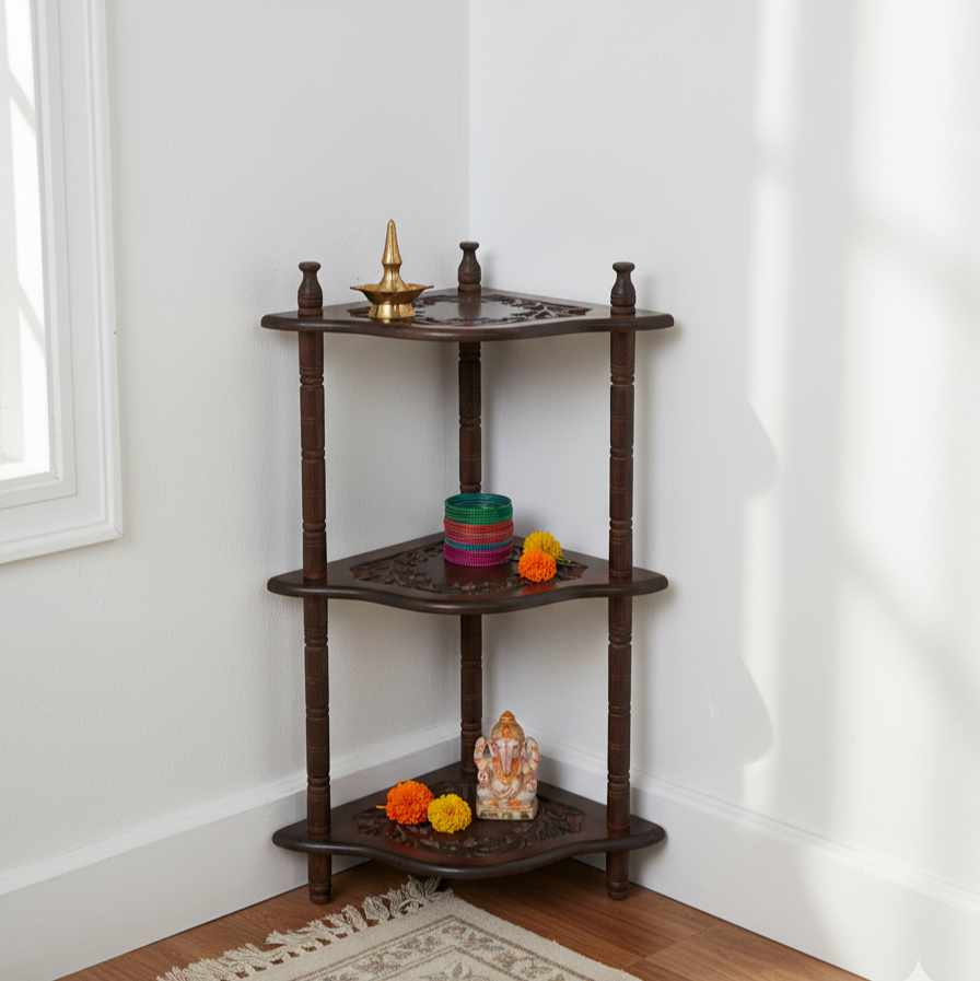Wooden 3 Shelves Corner Table | Mini Corner Stand