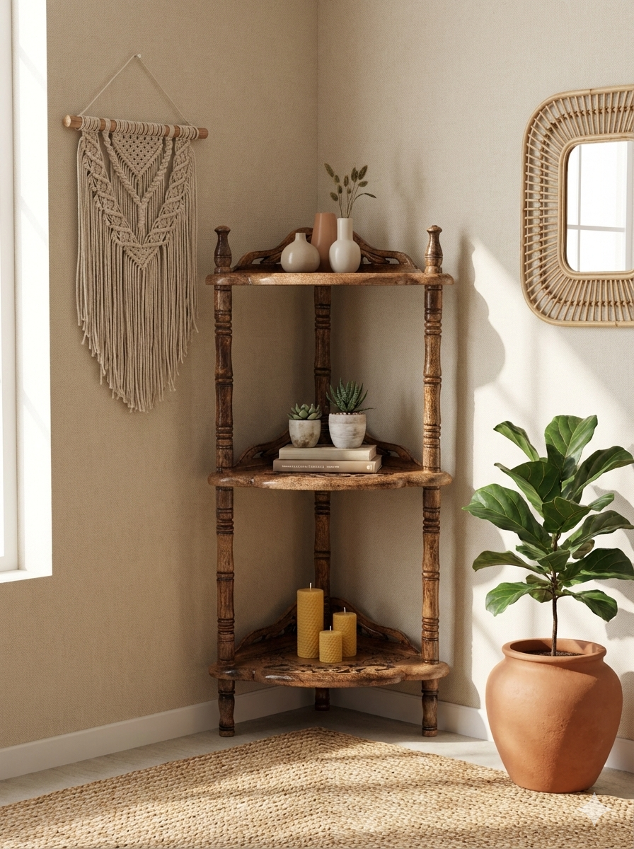 Solid Mango Wood Corner Shelf – 3 Tier Corner Stand