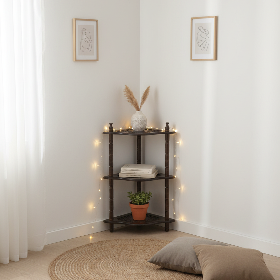 Wooden 3 Shelves Corner Table | Mini Corner Stand