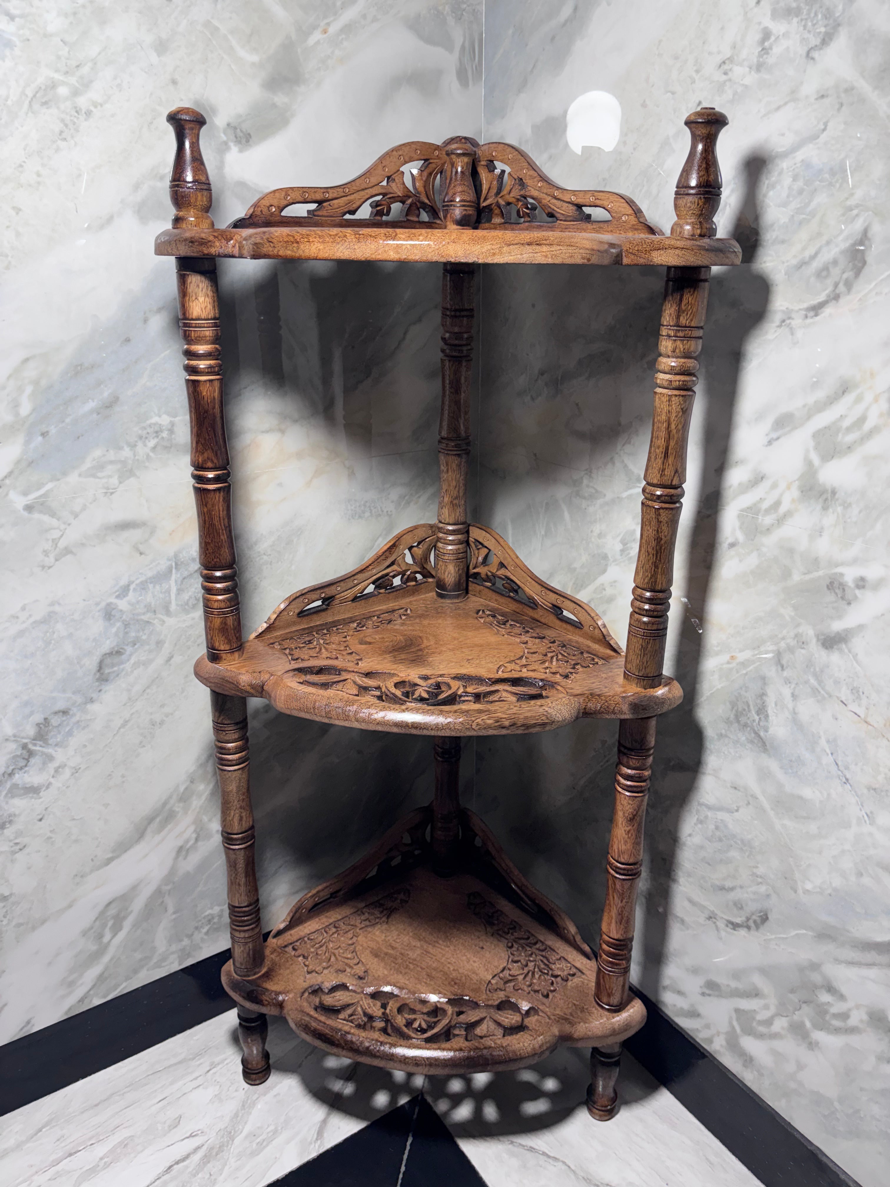 Solid Mango Wood Corner Shelf – 3 Tier Corner Stand