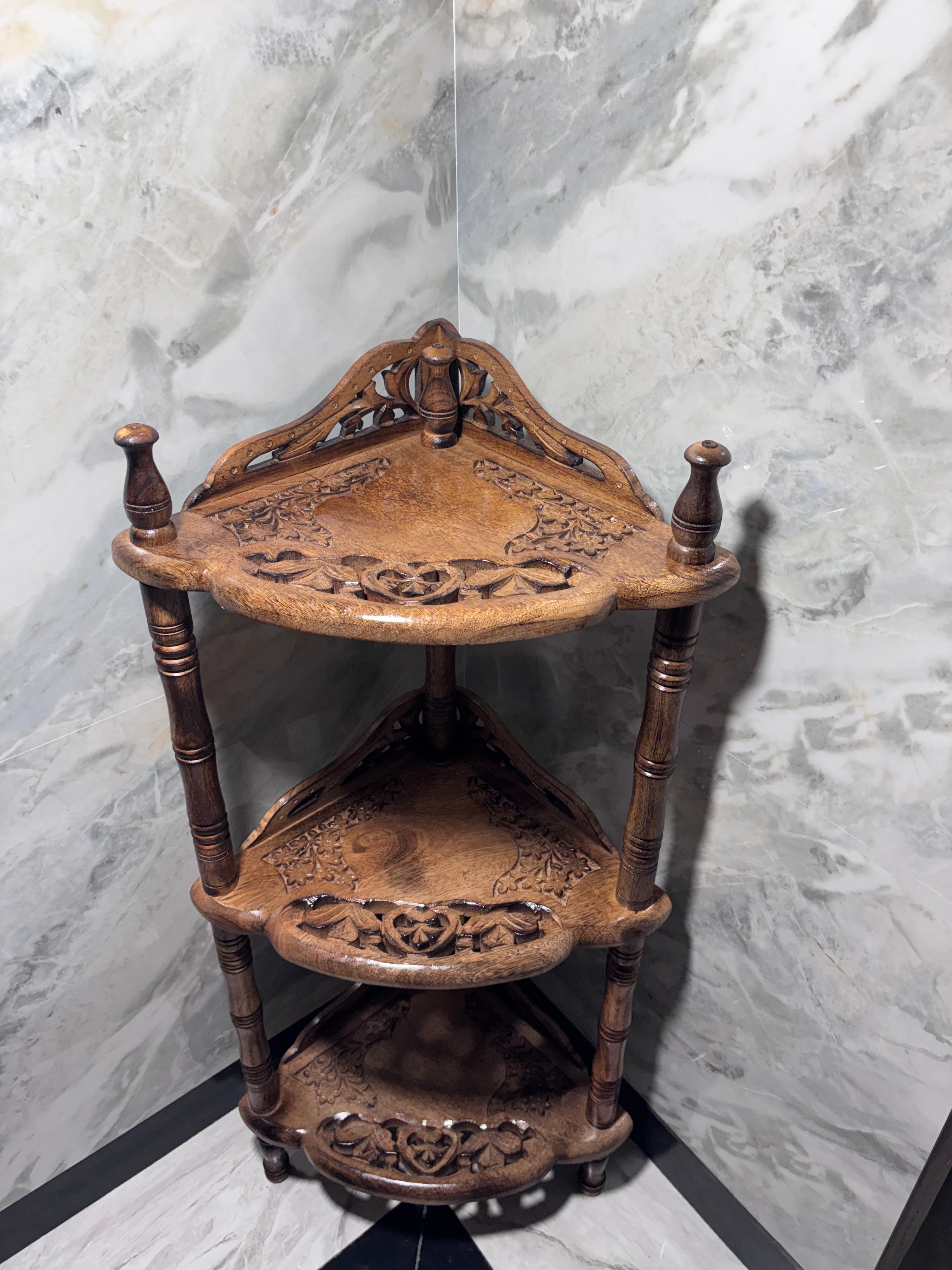 Solid Mango Wood Corner Shelf – 3 Tier Corner Stand