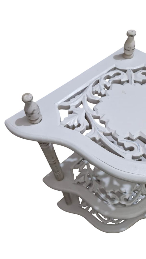 Wooden 3 Shelves Corner Table | Mini Corner Stand (White Antique Finish)