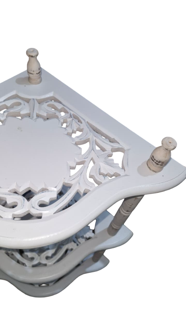 Wooden 3 Shelves Corner Table | Mini Corner Stand (White Antique Finish)